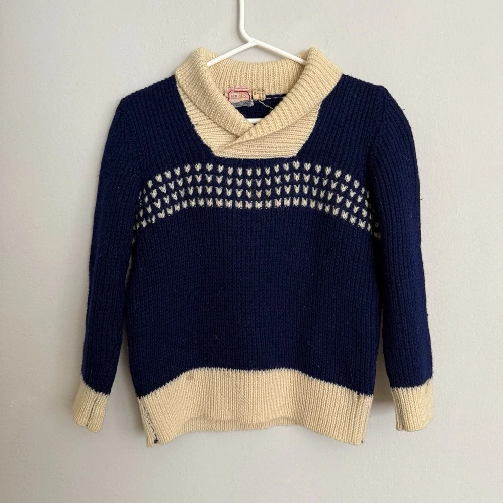 Vintage Mr Guy Wool Shawl‎ Collar Sweater Navy Blue Cream Fair Isle Made England